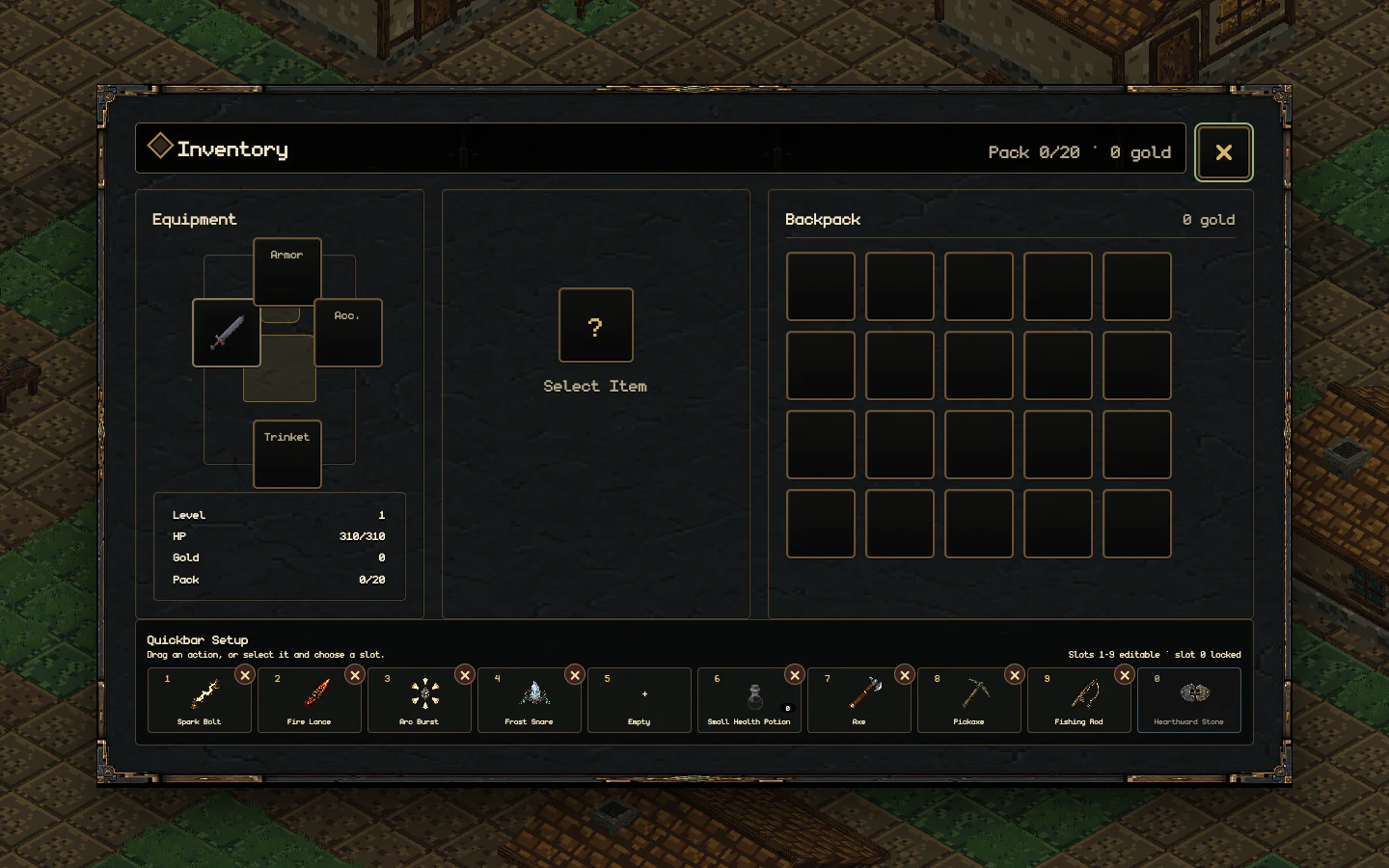 The actual No Lords Remain inventory showing equipment slots, backpack, character summary, and editable quickbar setup.