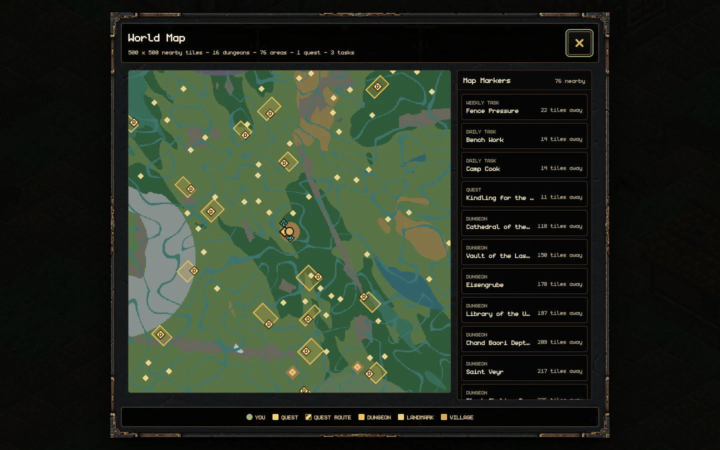 The actual No Lords Remain world map showing quest and task routes, villages, landmarks, and named dungeon thresholds.