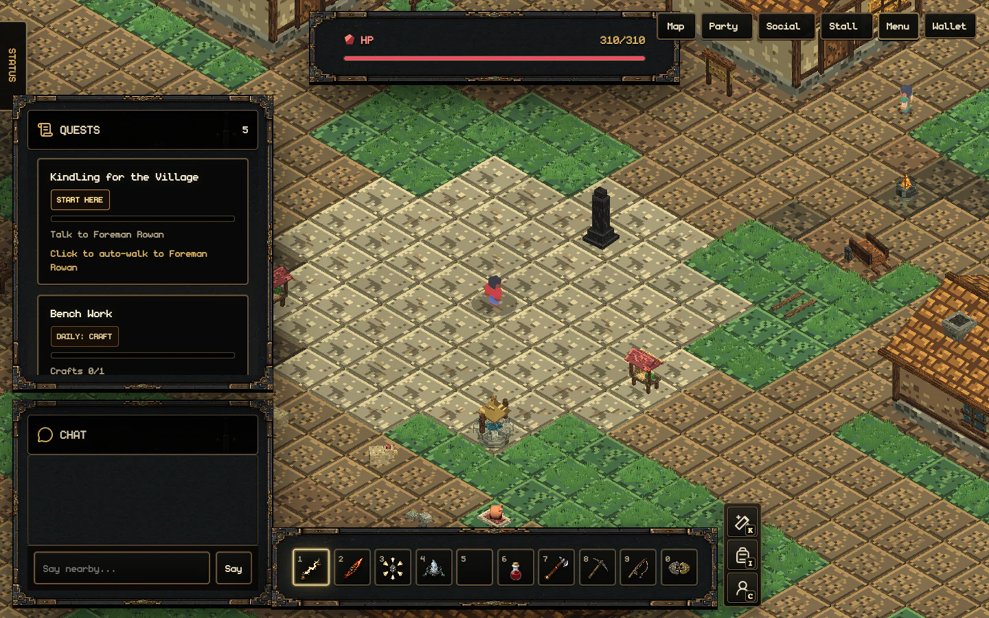 Actual No Lords Remain gameplay in Hearthmere with the quest tracker, daily tasks, weekly task, chat, health, and customizable hotbar visible.