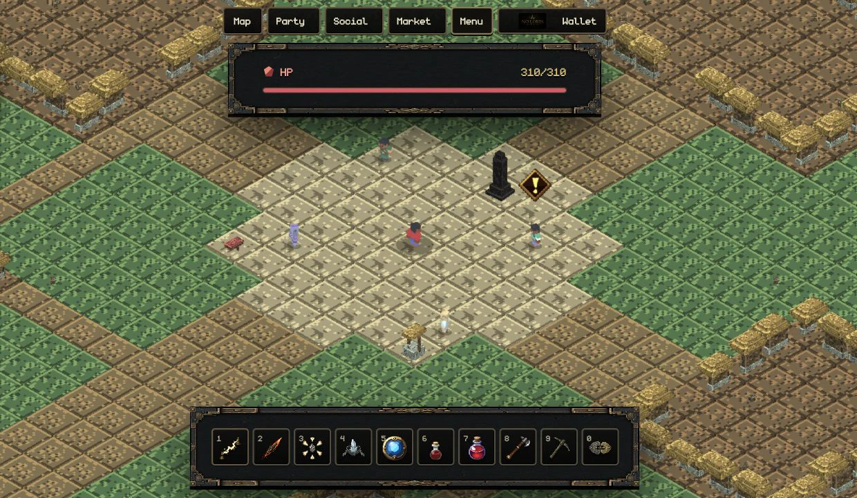 Actual No Lords Remain browser gameplay in Hearthmere, showing the player, quest NPCs, health, action hotbar, and multiplayer controls.