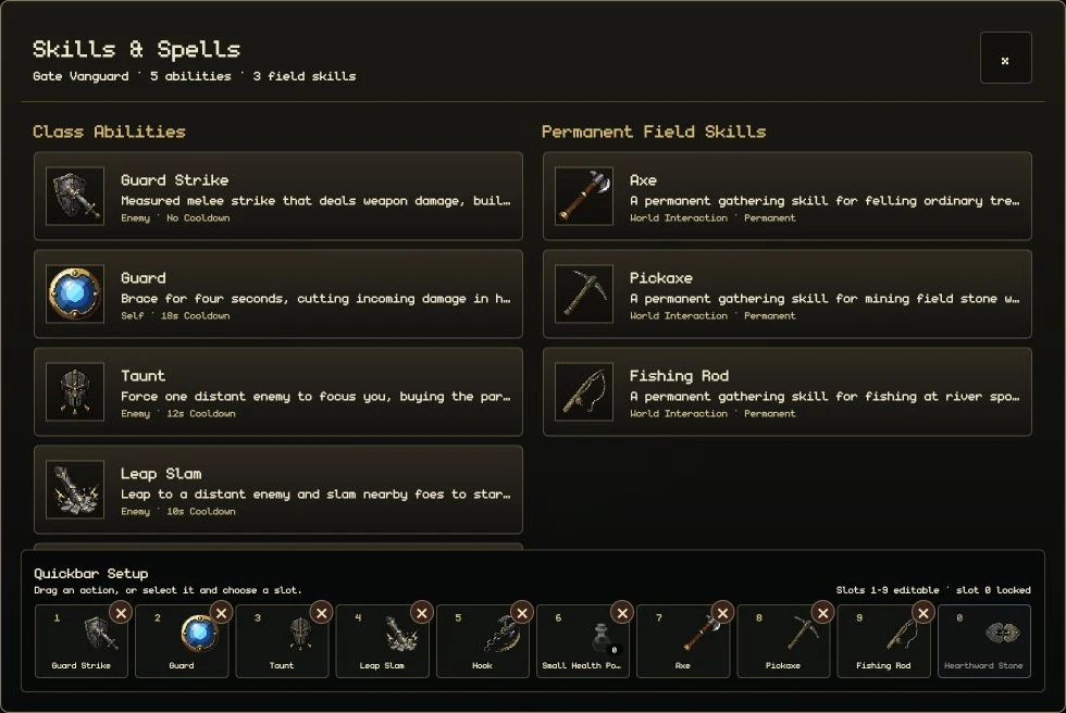 The current Skills and Spells screen for a Gate Vanguard, showing five class abilities, three permanent field skills, editable quickbar slots 1 through 9, and the locked Hearthward Stone in slot 0.